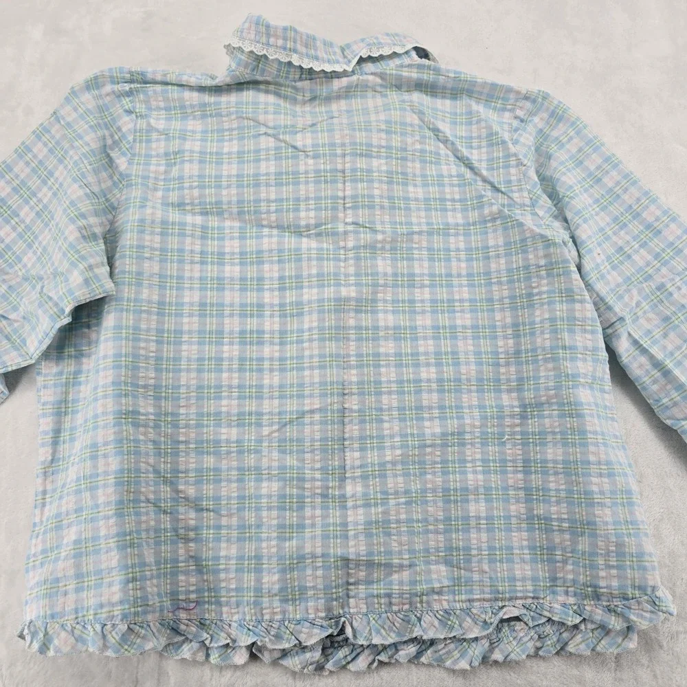 The Tog Shop Pajama Set Womens Petites 2PC Plaid Blue Ruffle Lace Cotton Blend - Picture 7 of 12